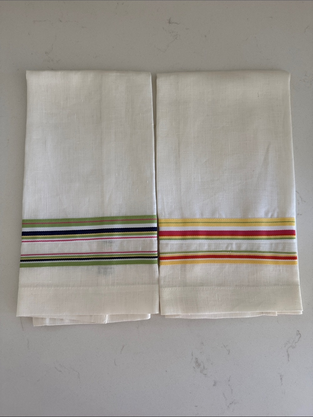 Pottery Barn Linen White Cotton Stripe Kitchen Towels with Colorful Trim 2 NEW